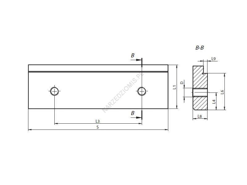 Rysunek techniczny: Szczęka do imadła pryzmowa WSP 100 mm do typu: 6517,6518 (wzdłużna, mniejszy otwór) - BISON-BIAL